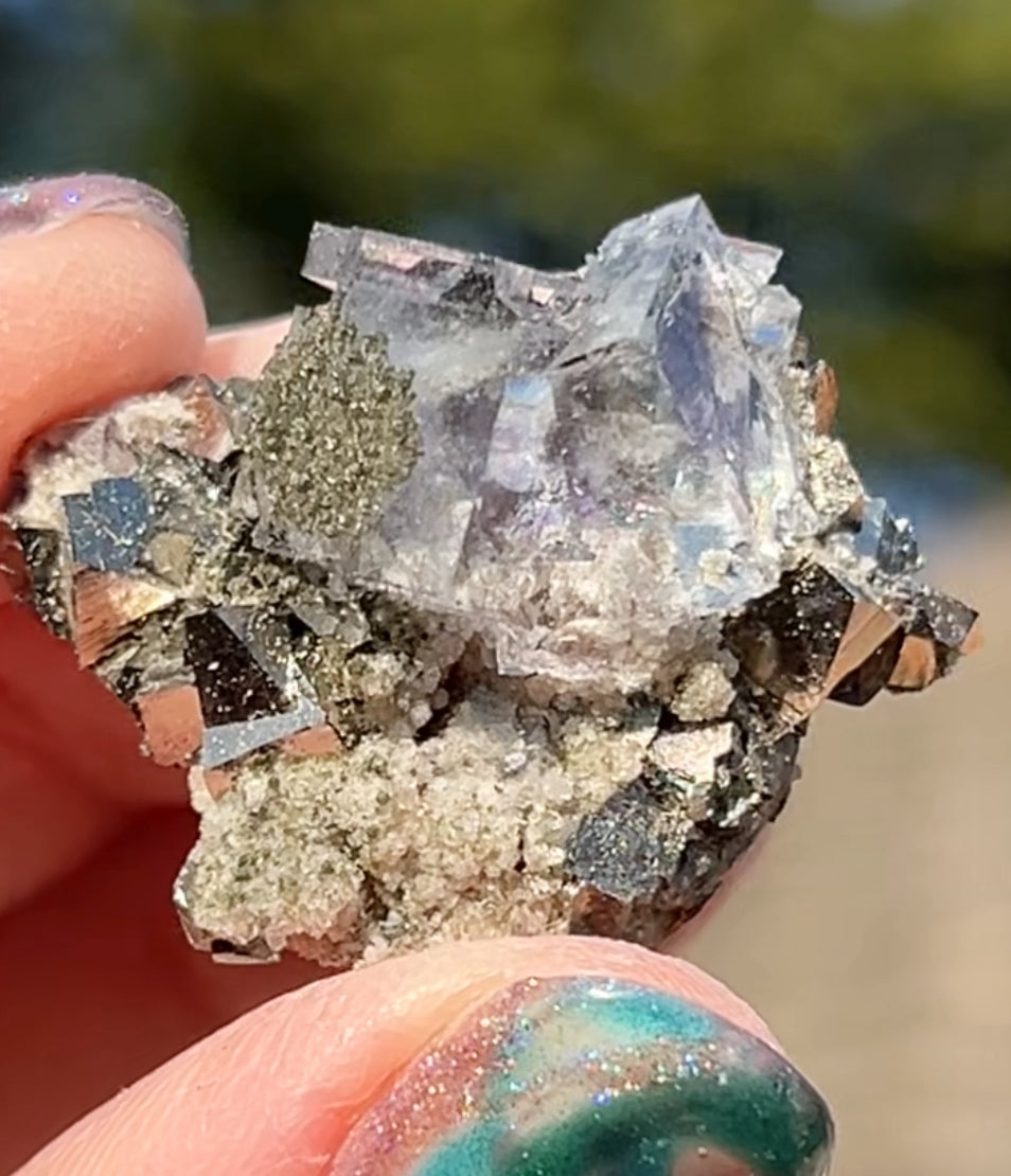 Rare YGX Rutile Glass Clear Fluorite w/ Black Rutile Twin On Wolframite, Muscovite & Chalcopyrite From Yao Gang Xian Mine, Chenzhou, Hunan, China 🇨🇳 #16