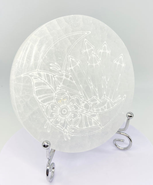 Selenite Satin Spar Etched Moon 🌙 Crystals 💎  & Flowers 💐Charging Plate 10cm